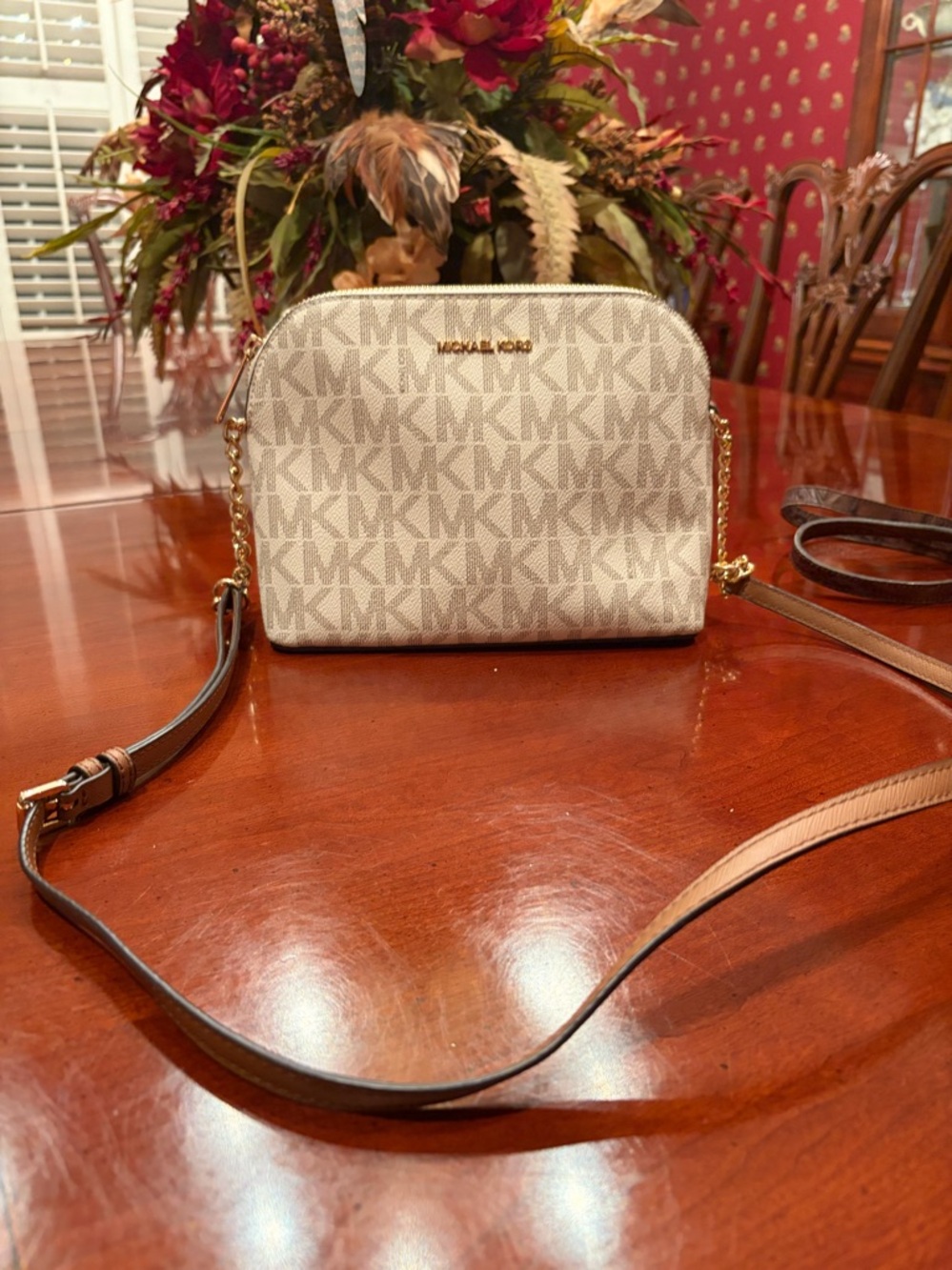 Michael Kors Beige Signature MK Crossbody with Brown Trim and Gold Hardware
